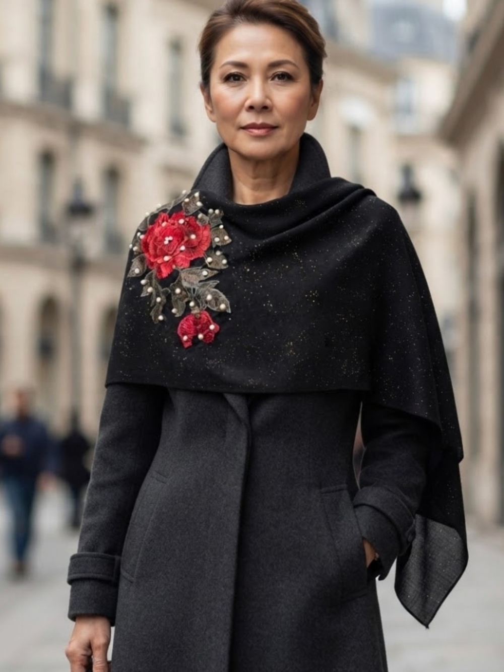 Embellished Black Wrap Scarf with Red Floral Appliqué